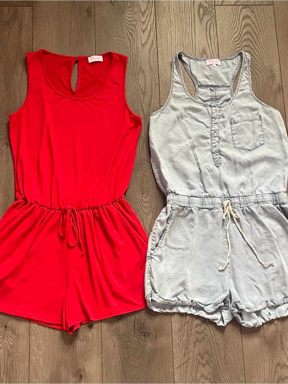 Pink Lily Women’s Small Chambray Blue and Red Summer Lightweight Romper Bundle